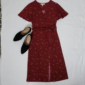 Maroon Floral Midi Faux Wrap Dress Size Small